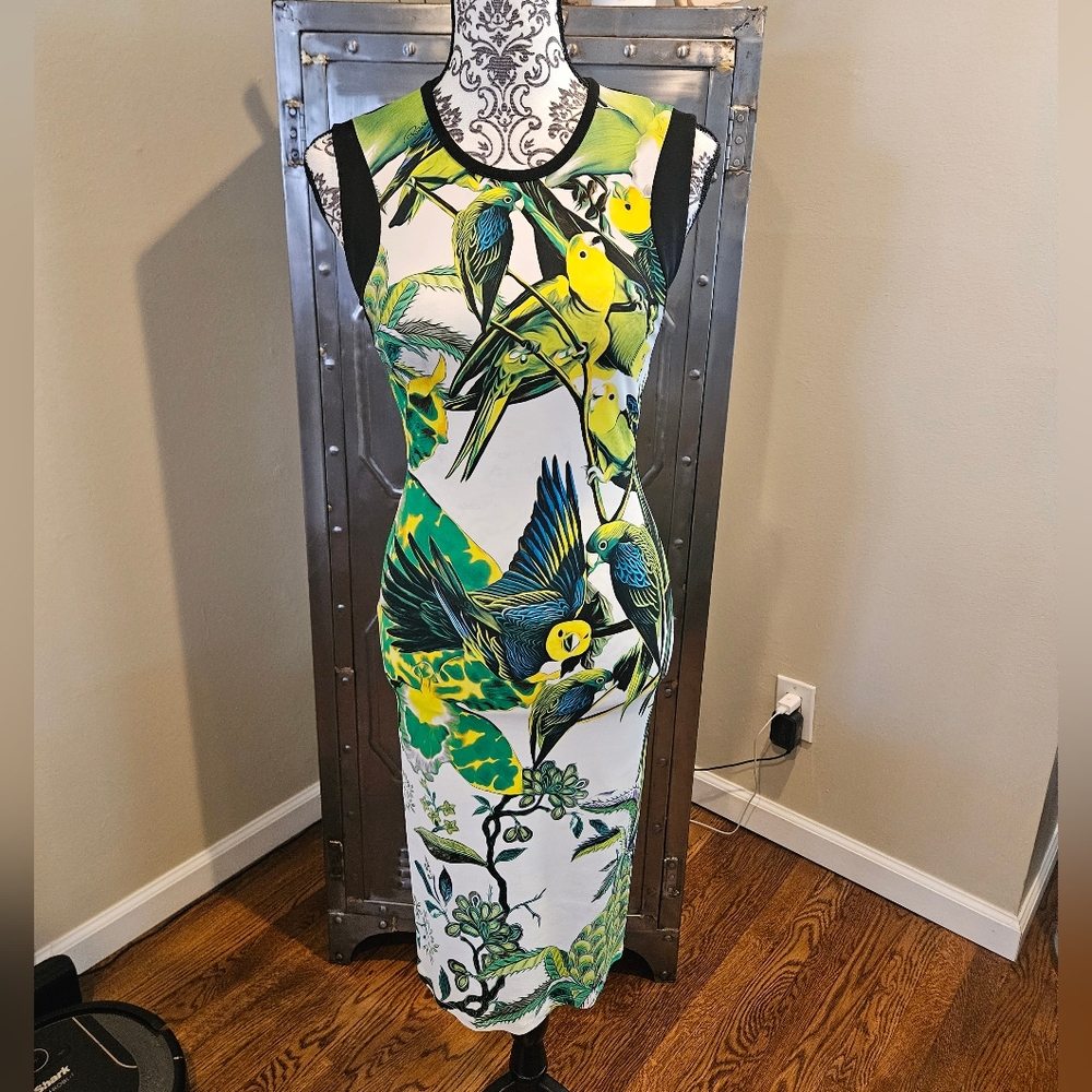 Roberto Cavalli Designer Tropical Parrot Paneled Bodycon Dress Sz 40